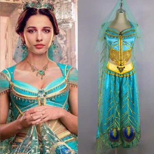 Aladdin Magic Lamp Jasmine Princess Dress Cosplay Costume Adult Women Halloween Costume Embroidery Sexy Dance Dress Custom Made