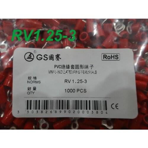 1000pcs/lot RV1.25-3 red Stud Wire Terminal 22-16 AWG Copper Tinned Plated Electric copper pvc insulated ring terminal