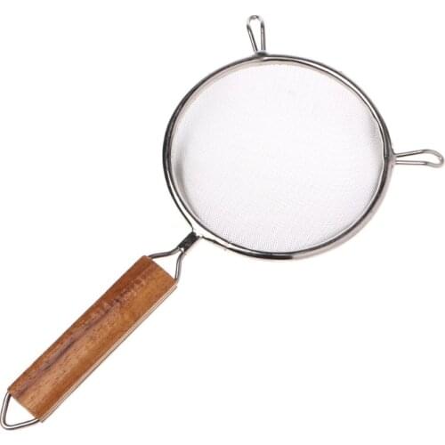 2021 New Stainless Steel Double Mesh Strainer Colander Sieve Sifter Wooden Handle 5 Size