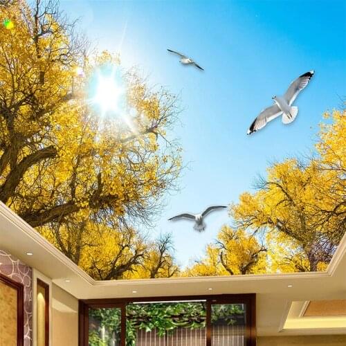 Custom 3D Ceiling Mural Wallpaper Modern Blue Sky And White Cloud Maple Beautiful White Dove Sunshine Zenith Painting Wallpapers