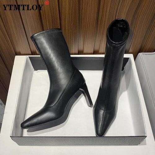 Heels Women Sock Boots Fashion High Heel Pointed Toe Autumn Winter Slip On Calf Booties Sexy Pumps Shoes Ladies Ankle Zip