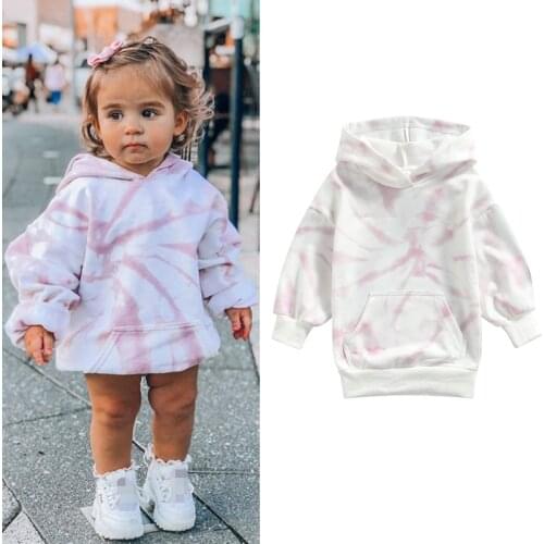 FOCUSNORM 1-5Y Fashion Kids Girls Autumn Hoodies Dress Tie-Dye Printed Long Sleeve Pullover Big Pocket Outwear