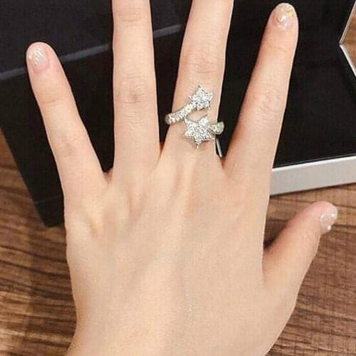 Luxury Fashion Double Star Ring Female Crystal Cubic Zirconia Wedding Rings Sterling Silver korean Style Jewelry for Women
