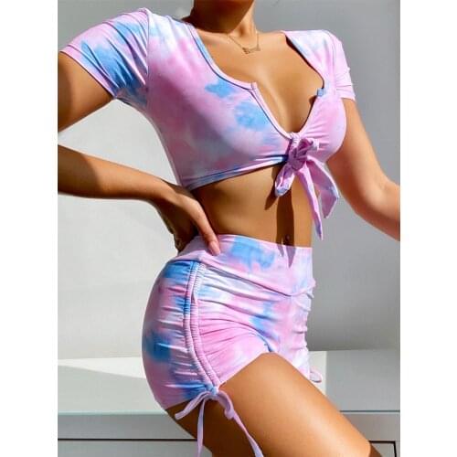 Gradient Color Short Sleeve Bikinis 2021 Mujer High Waist Swimsuits Women Swimwear Push Up Ruched Bathing Suit Beachwear Biquini
