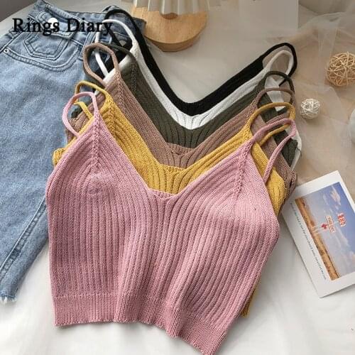 Rings Diary Women Knitted Crop Tops Spaghetti Strap топ женский Camis For Women Clothing 2021 Summer V-neck Strecthy Ribbed Tops