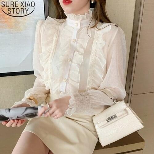 Korean Ruffle Lace Chiffon Shirt Elegant Sweet Long Puff Sleeve Women Blouse White Tops Stand Collar Clothes Chic Blusas 13433
