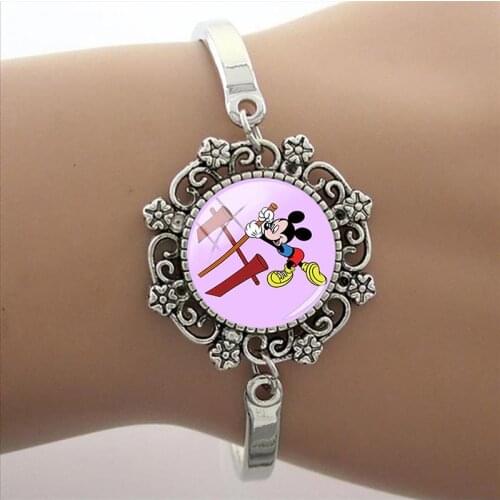 Disney Fashion Temperament Bracelet Mickey Playing Skateboard Sports Modeling Play Art Picture Glass Cabochon Lace Bracelet