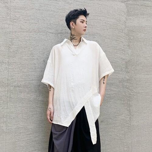 Summer large irregular cut minority wrinkled loose pullover shirt trendy mens Japanese thin short sleeve shirt
