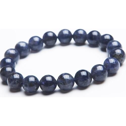 11mm Genuine Natural Blue Cordierite Dichroite Iolite Gems Stone Stretch Bracelets For Women Mens Round Crystal Bead Bracelet