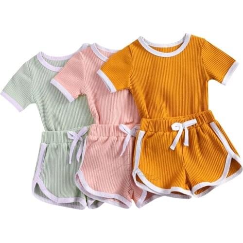 Infant Newborn Baby Girl Ribbed Clothes Casual Short-sleeved Shorts Set Fresh Solid Color Pitted Round Neck T-shirt Short Pants
