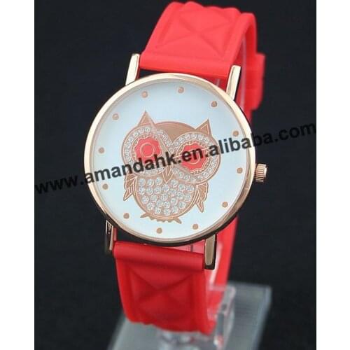 Wholesale Fashion Silicone Owl Printed Rhinestone Watch Ladies Quartz Bracelet Watches Rose Gold Case Women Dress Wristwatch