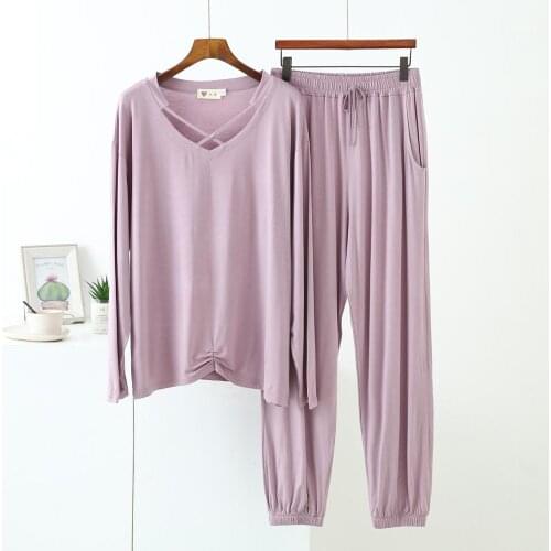 Spring Summer New Ladies Pajamas Set Simple Style Loose Sleepwear Women Modal Cotton Top+Pants Homewear Two Piece Pyjama Femme