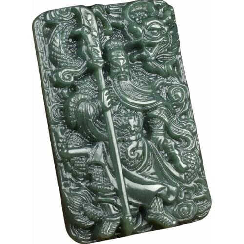 Natural Hand Carved Hetian Green Jade Lucky GuanGong Pendant Guanyu Amulet Carnelian Mala Bead Necklace Ornaments