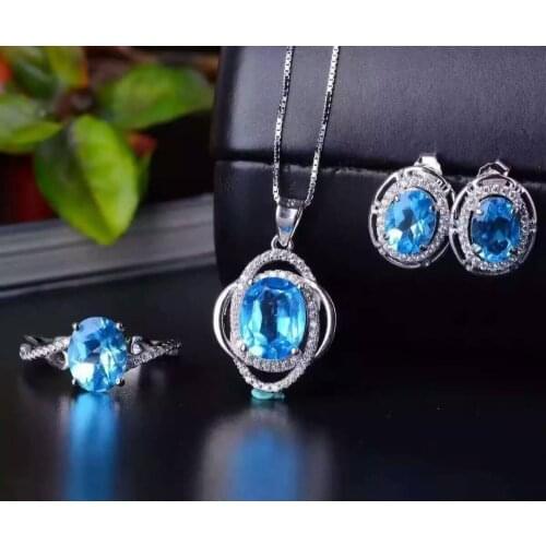 Natural blue topaz gem jewelry sets natural gemstone ring Pendant Earrings 925 silver Stylish Elegant round women party jewelry