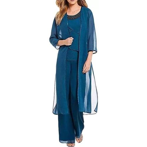 Chiffon Womens Suit 3 Pieces Mother Pantsuit Elegant Solid 3/4 Sleeves Dress With Jacket Female Plus Size For Wedding Partyt