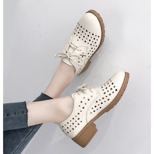 Womens Oxford Shoes Hollow Out Square Heels Pumps Non-slip Female Solid Breathable Single Leather Shoes Summer Lace Up Ladies