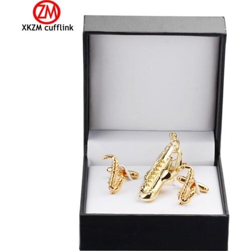 XKZM High Quality Cuff links necktie clip for tie pin for mens gift golden sax tie bars cufflinks tie clip set Free Shipping