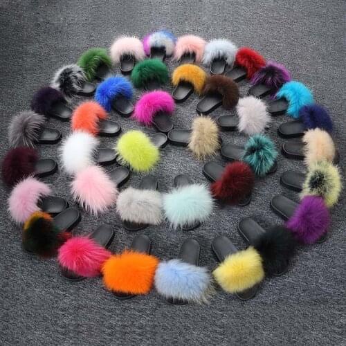 2019 Fox fur slide for women cut Slippers Fluffy Sliders Plush Furry Summer Flats Sweet Ladies Shoes big size