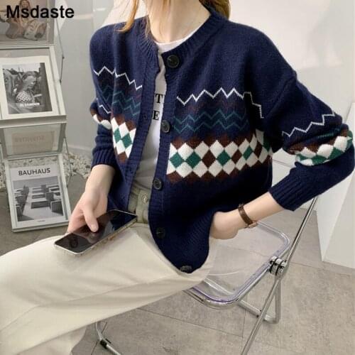 Sweaters Women Knitted Tops Casual Vintage Print Plaid Loose Casual Cardigan O-Neck Long Sleeve Short Woman Sweater Cardigans