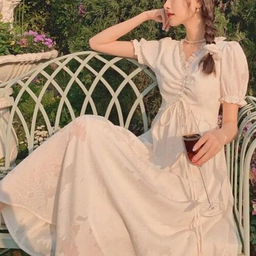 Bella Philosophy 2021 new Vintage Elegant Fairy Dress Women Kawaii Sweet Short Sleeve Midi Dress Cute Holiday Lace V Neck Dress