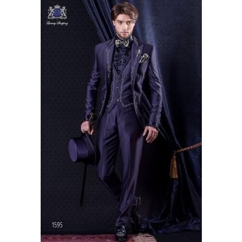 2017 Latest Coat Pant Designs ItalianPurple Blue Satin Embroidery Men Suit Slim Fit 3 Piece Tuxedo Custom Prom Blazer Masculino
