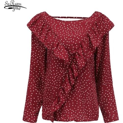 2021 Summer New Women Elegant Ruffle Blouse Shirts Polka Dot Blouses Femme O-Neck Long Sleeve Casual Tops Plus Size Women 14595