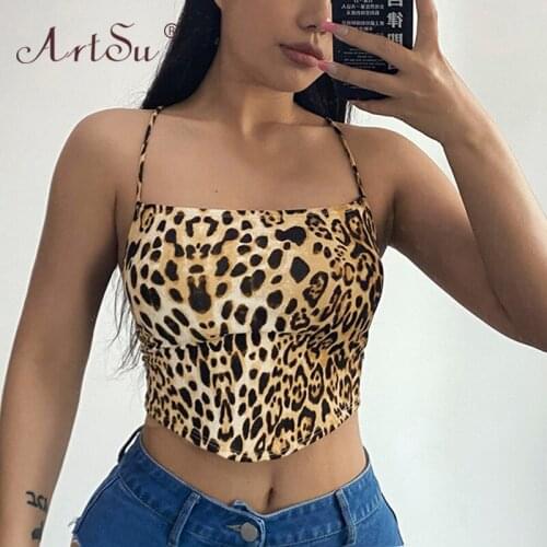 ArtSu Sexy Slash Neck Skinny Camisole Fashion Streetwear Women Summer Spaghetti Strap Leopard Print Bandage Crop Top Club