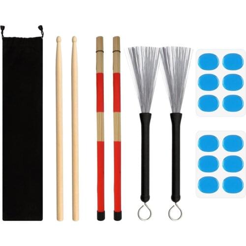Drum Sticks 1 Pair 5A Maple Wood Drum Sticks,1 Pair Retractable Drum Wire Brushes and 1 Pair Rods Drum Brushes set for K