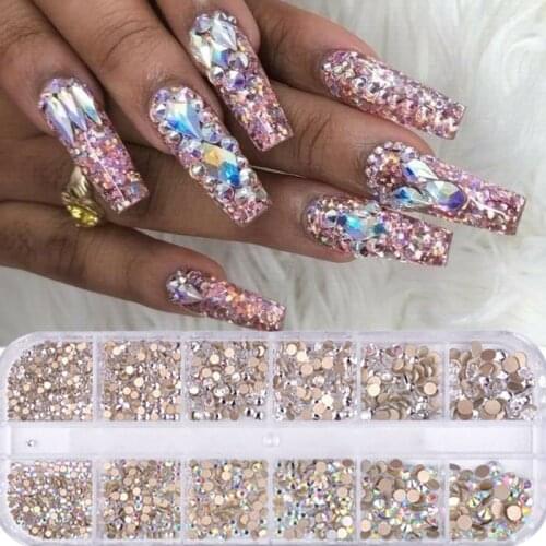 1 Box Glitter Nails Rhinestones Multi Size Flat-Back AB Crystals Stones 3D Charms DIY Tips Nail Art Decorations Shiny Diamonds