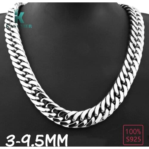 KASANIER Real S999 Sterling Silver Men Necklace 3-9.5MM Width Whips Chain Hip Hop style Figaro Man Woman Jewelry Factory Price