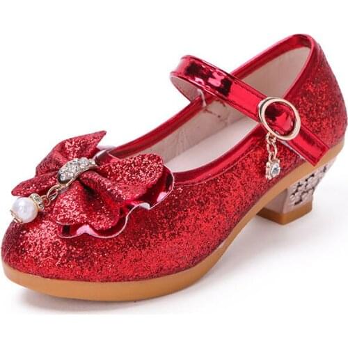 2021 Princess Kids Leather Shoes for Girls Flower Casual Glitter Children High Heel Girls Shoes Butterfly Knot Shiny Pink Red