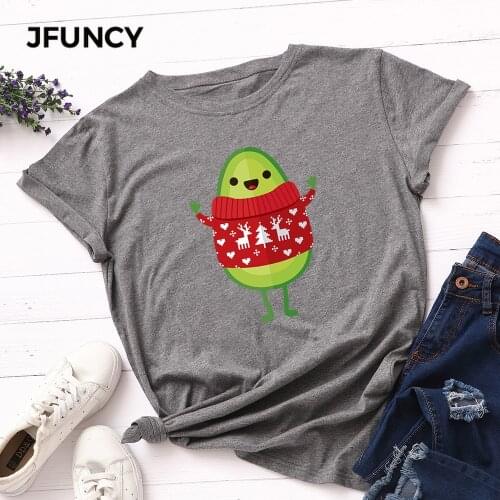 JFUNCY Christmas Women Cotton T-shirt Plus Size Short Sleeve Women T Shirt Avocado Print Ladies Tops Harajuku Kpop Tee Tshirt