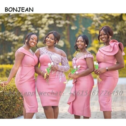 Brush Bridesmaid Dresses Mermaid 2021 Short Satin Knee Length African Bridesmaid Dress Plus Size for Women Wedding