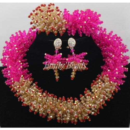 Handmade African Crystal Beaded Jewelry Set Chunky Fuchsia Wedding Bridal Necklace Bracelet Earrings Set Free Shipping AIJ192