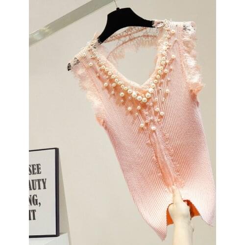 Knit Tank Top Womens Fashion Diamond Handmade Beaded Lace Backless Thin Ice Silk Knitted V-neck Sexy Tanks Tops