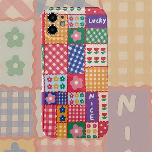 Retro sweet plaid Flower art kawaii Japanese Phone Case For iPhone 11 12 Pro Max Xs Max XR X 7 8 Plus 7Plus case Cute Soft Cover