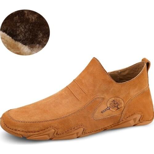 Man Casual Shoes Genuine Leather Driving Shoes Winter Plush Warm Men Shoes High Top Mens Flats Big Size 46 Fashion Italian Shoes