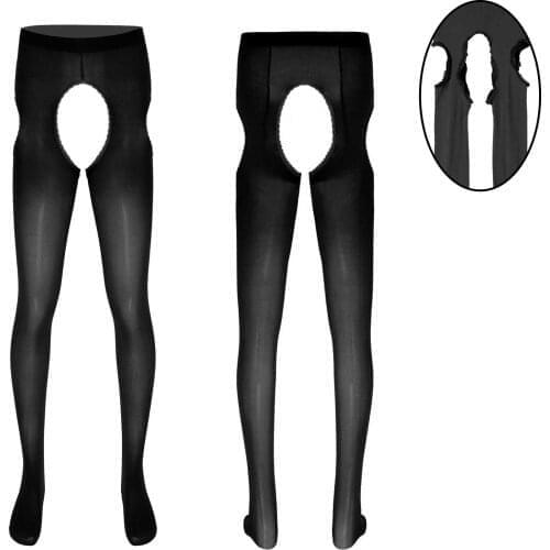 Mens Open Crotch Pantyhose Sexy Tights Stretchy Sheer Pantyhose Sissy Male Leggings Lace Trimming Stockings Hosiery Underwear