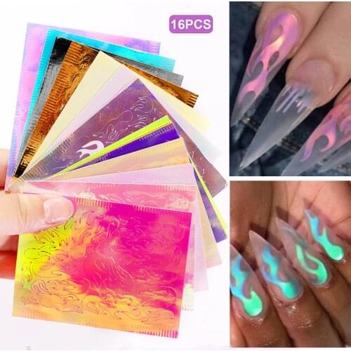 16Pcs Fire Holographic Strip Tape Nail Art Stickers Thin Laser Silver DIY Foil Decal Nails Sticker