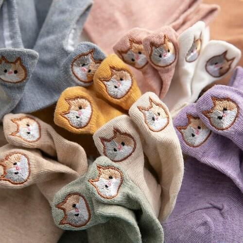 10 Pairs Cute Cat Socks Woman Pack Pure Cotton Animal Embroidery Ankle Cartoon Funny Kawaii Soft Girl Designer Sokken Set Mujer