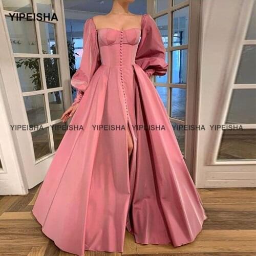 Yipeisha Vintage Pink Prom Dresses Puffed Sleeves High Slit Taffeta Evening Dress A-line Long Sleeves Party Gowns with Buttons