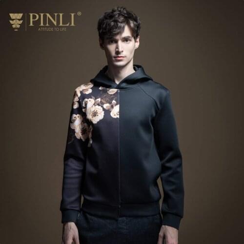 Free Shipping New Pinli Autumn Black Mens Slim Fit Hooded Splicing Print Pullover Sweatershirt Personality For Men B201409178
