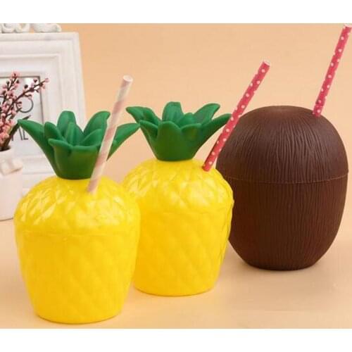 Tropical Fruit Coconut Pineapple Fruit Shaped Drink Cup Juice Cup with Straw Hawaiian Luau Summer Beach Birthday Party Supplies