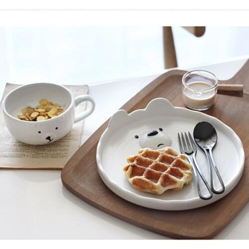 High Color Ceramic Lovely Bear Breakfast Plate Coffee Oatmeal Yogurt Cup Household Dish Rice Bowl Combination Set