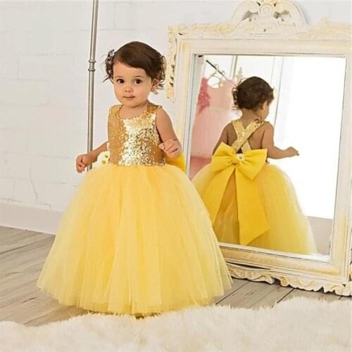 Yellow Puffy Tulle Baby Birthday Dress Sequined Top with Big Bow Little Girls Pageant Party Gown Custom Made