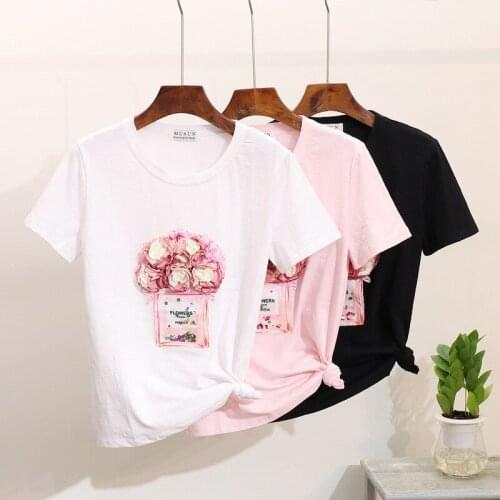 Short Sleeve T Pity Woman Xia Liangpian Perfume Bottle Three-dimensional Flower Printing plus size tops t-shirt women