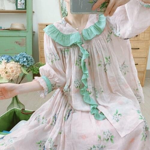 2021 Womens Summer Literature and Art Small Fresh Ramie Print Ruffled Mid-length Floral T-shirt Top