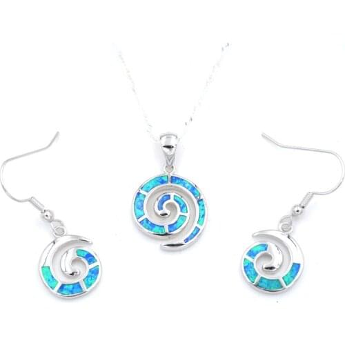 Ocean Blue Opal Swirl Pendant Necklace and Earrings Jewelry Set with Free Wave Chain