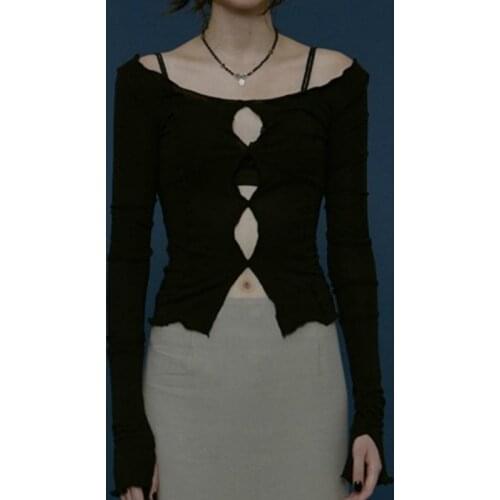 Punk Style Off Shoulder T-Shirts Womem Long Sleeve Striped Line Strap Tees Hollow Patch Split Crop Top Girls Street Clothes 2021