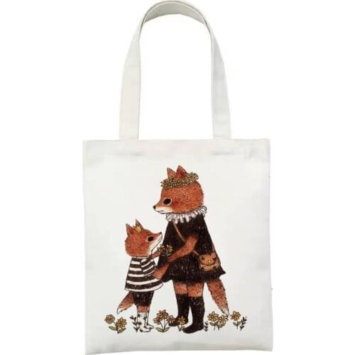 White Kawaii Fox Cartoon Print Womens ShoppingBags Vintage Casual Chic Women New Fashion Large-capacity Canvas Shoulder Bags
